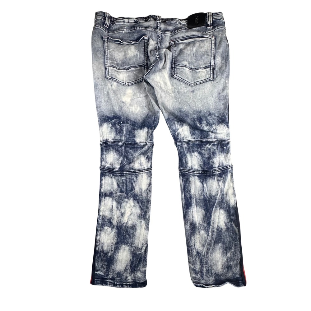 Makobi Biker Jeans Mens 44x32 Blue Acid Wash Distressed Side Stripe M1743 Moto - Picture 11 of 11